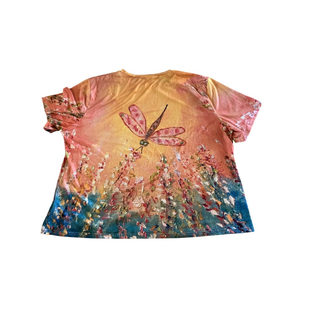 Womens Dragonfly Oil Painting Print T-Shirt Short Sleeve Orange Blue Size 7XL - Picture 3 of 3